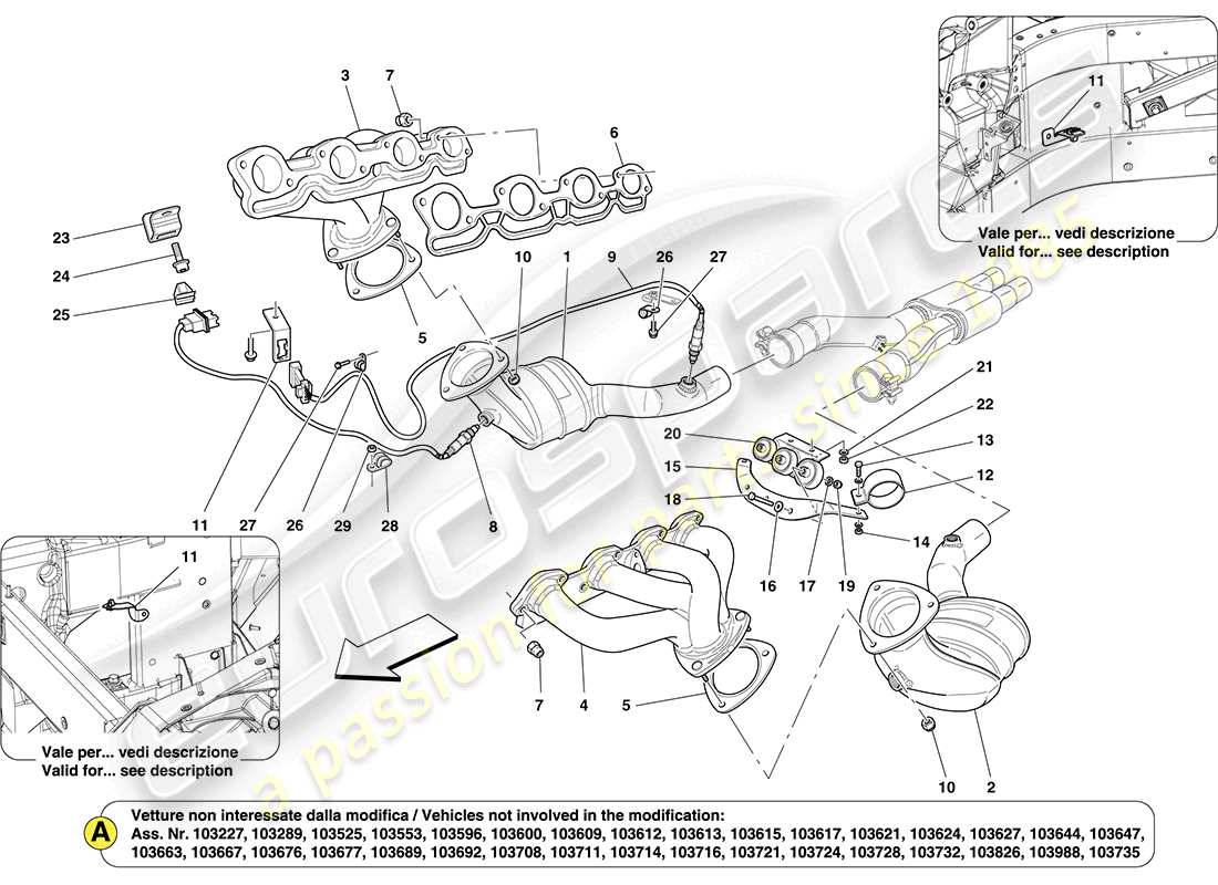 ferrari california (europe) pre-catalytic converters and catalytic converters parts diagram