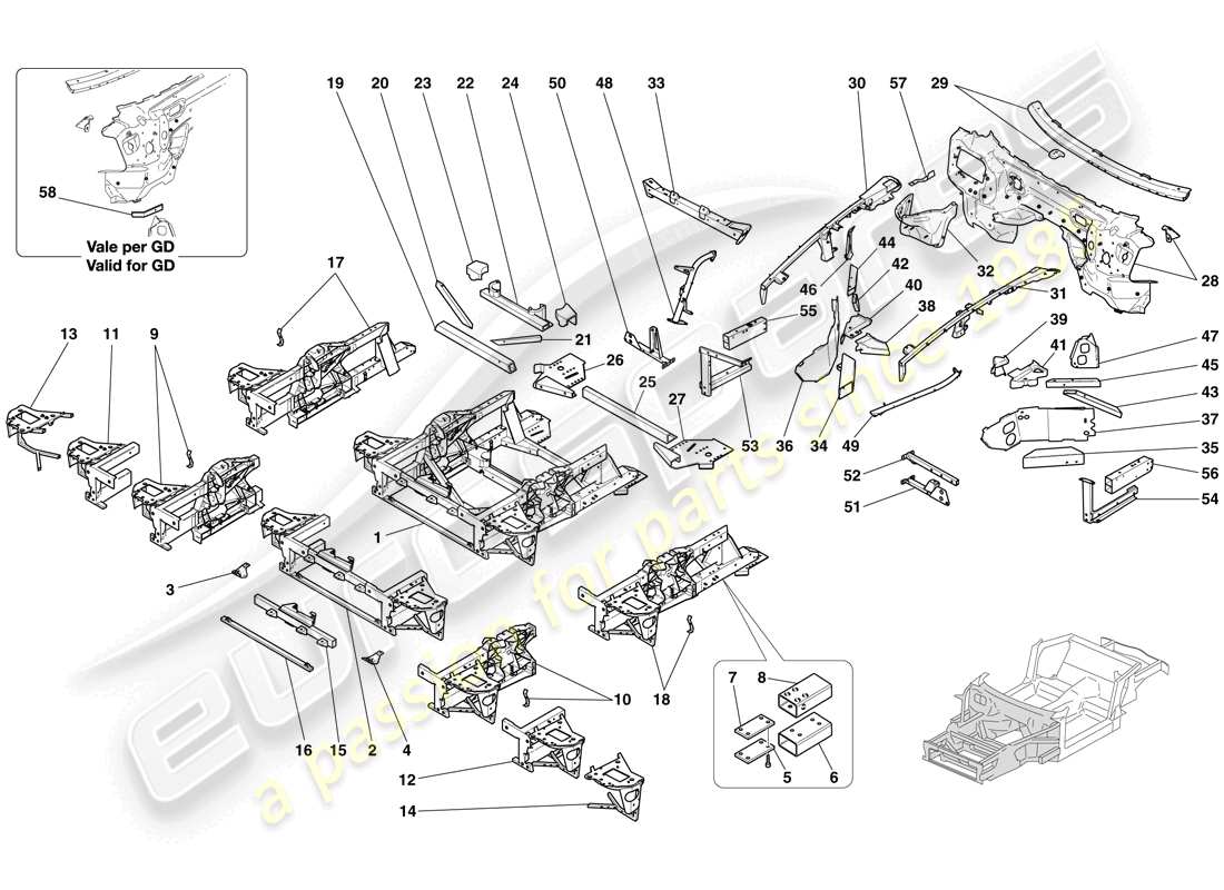 ferrari 612 sessanta (europe) structures and elements, front of vehicle parts diagram