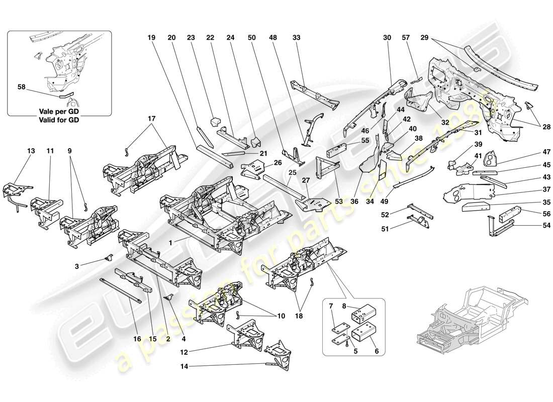 ferrari 612 sessanta (europe) structures and elements, front of vehicle part diagram