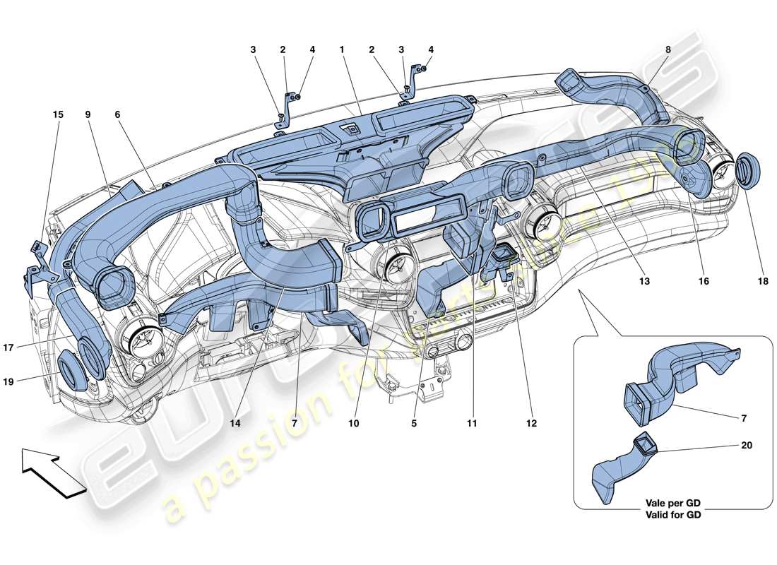 ferrari gtc4 lusso (rhd) dashboard air ducts parts diagram