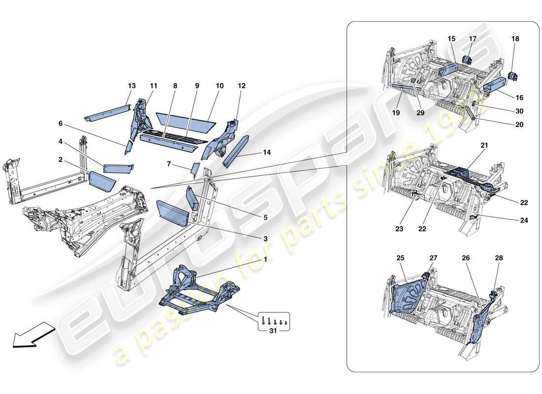 ferrari gtc4 lusso (rhd) structures and elements, rear of vehicle parts diagram