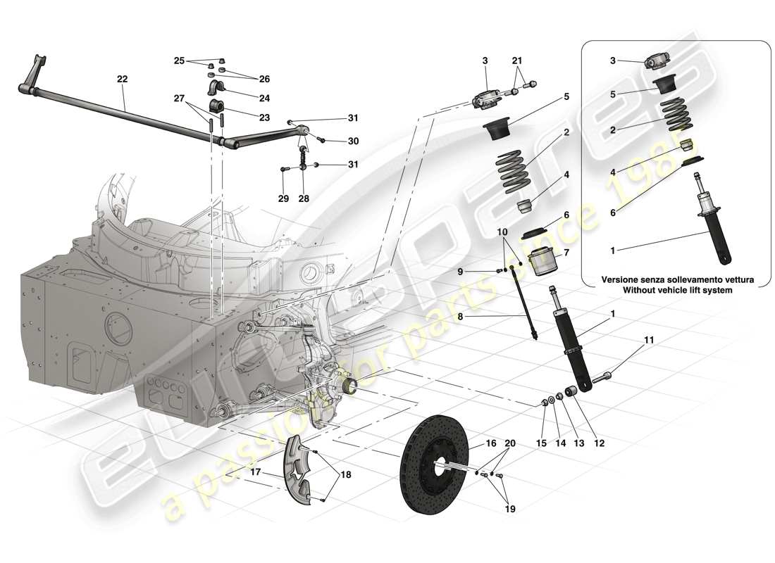 ferrari laferrari (europe) front suspension - shock absorber and brake disc parts diagram