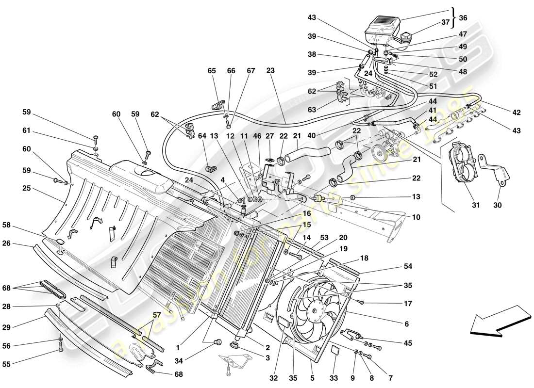 ferrari 612 sessanta (usa) cooling system - radiator and header tank parts diagram