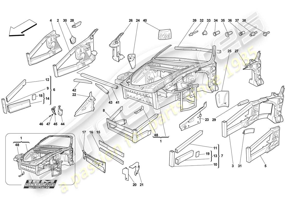 ferrari f430 scuderia (rhd) chassis - structure, front elements and panels part diagram