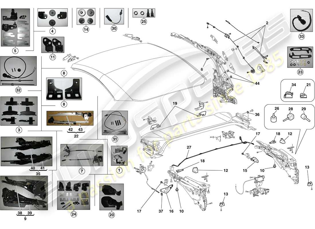 ferrari california (europe) electric roof: kinematics parts diagram