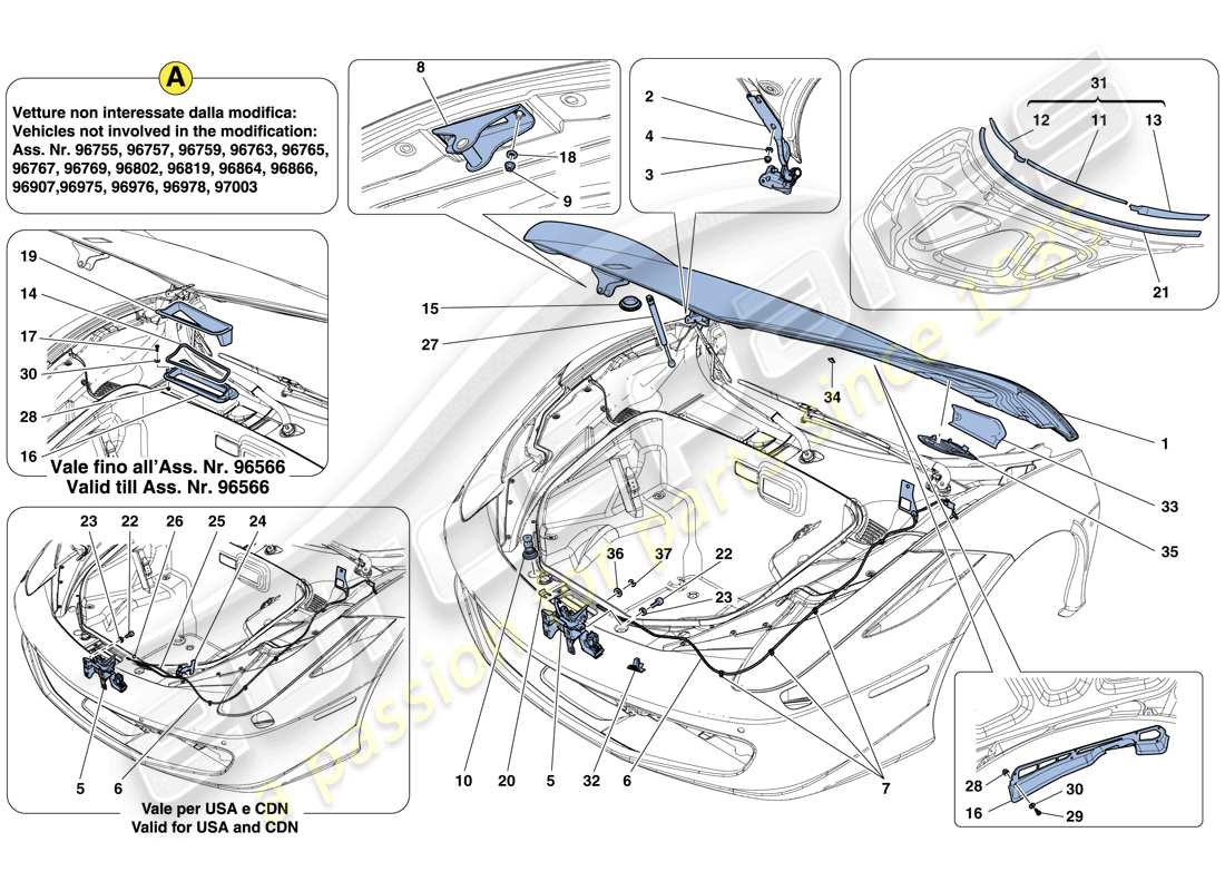 ferrari 458 italia (rhd) front lid and opening mechanism parts diagram