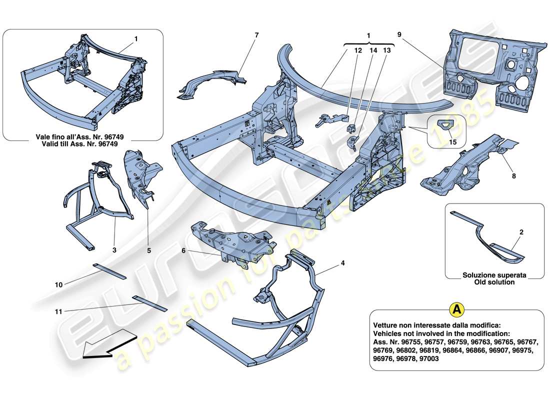 ferrari 458 italia (rhd) chassis - complete front structure and panels part diagram