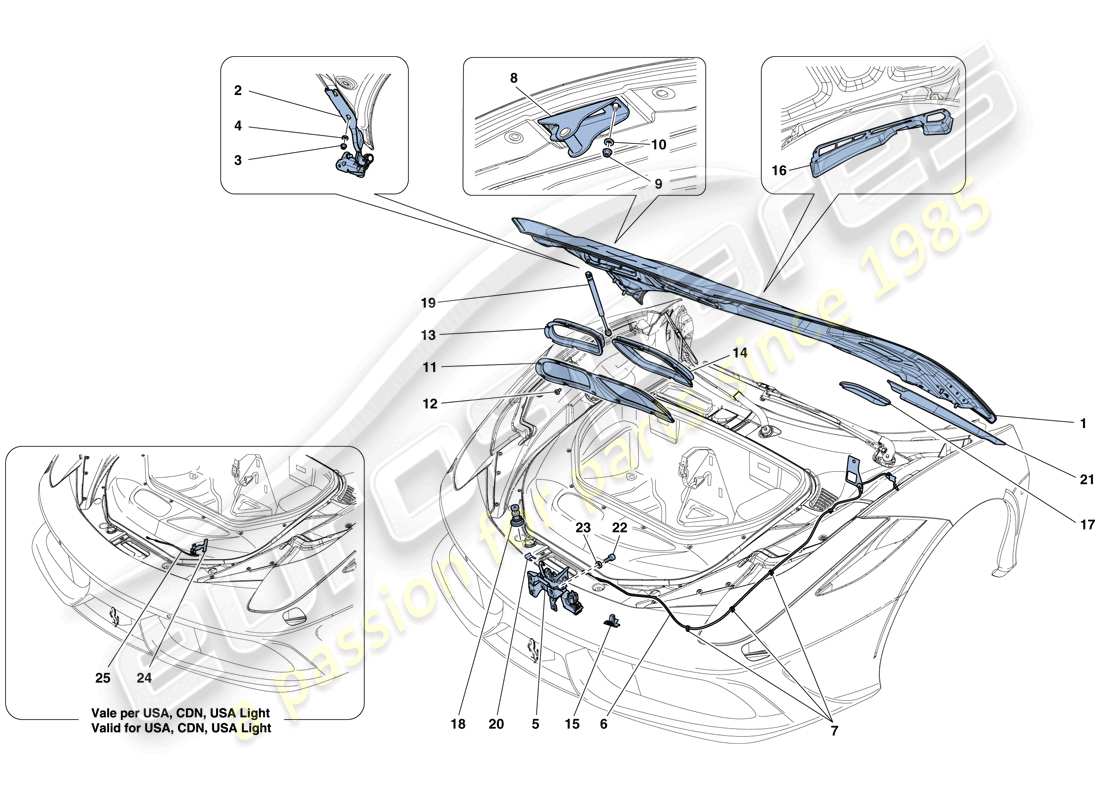 ferrari 458 speciale (usa) front lid and opening mechanism part diagram