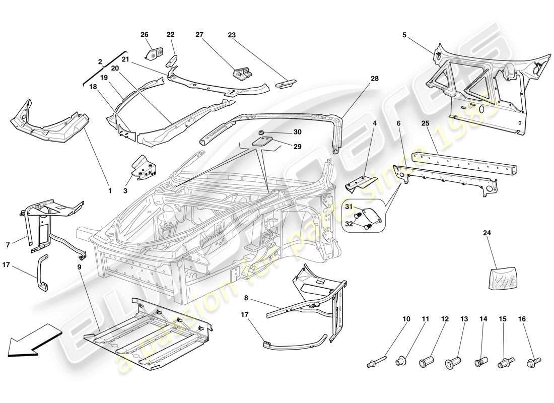 ferrari f430 spider (usa) chassis - complete front structure and panels parts diagram