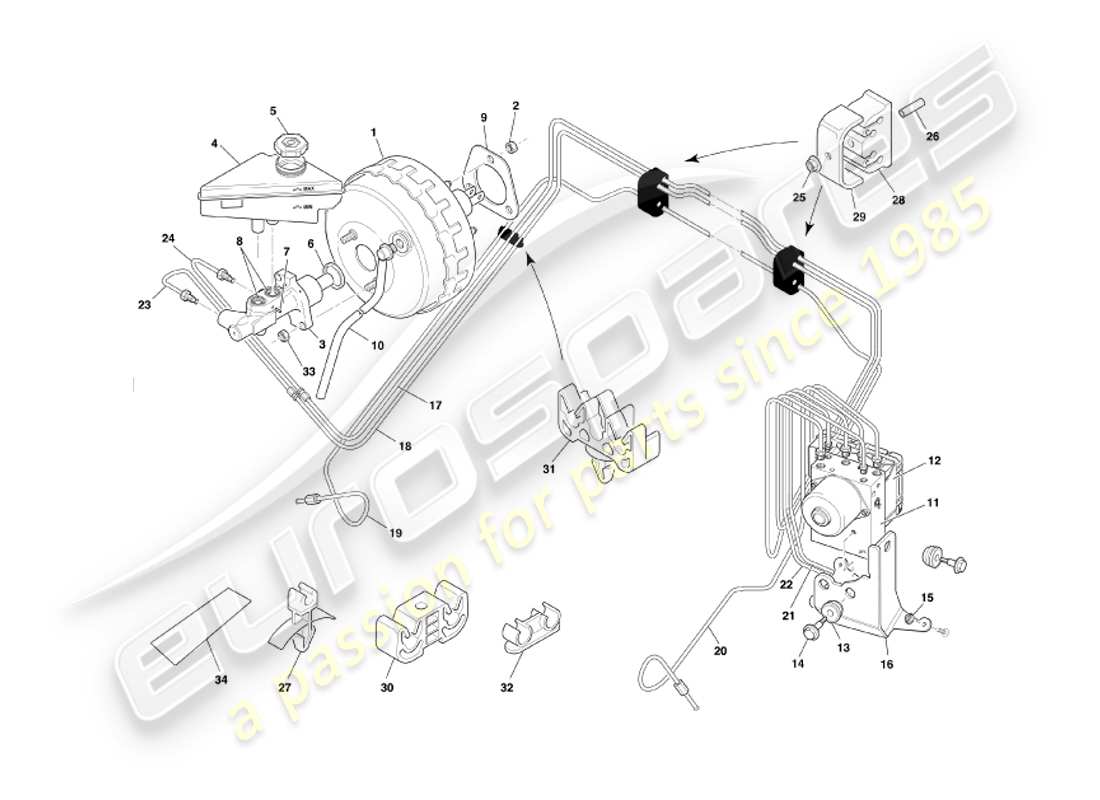 aston martin db7 vantage (2002) brake booster & modulator part diagram