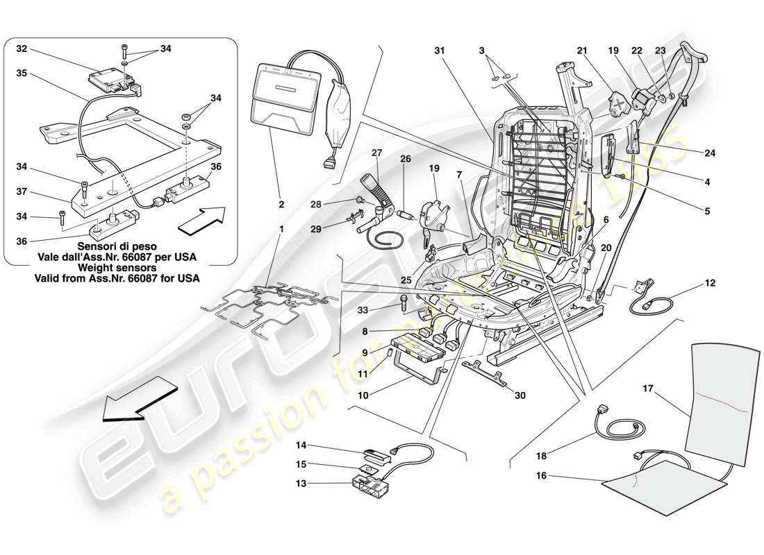 ferrari 612 sessanta (usa) electric front seat - seat belts and devices parts diagram