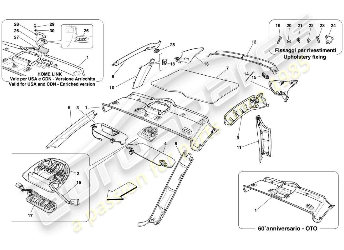 ferrari 612 sessanta (rhd) headliner trim and accessories parts diagram