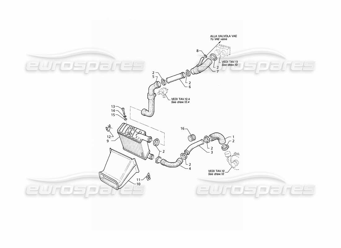 maserati qtp v8 (1998) heat exchanger - pipes - rh side parts diagram