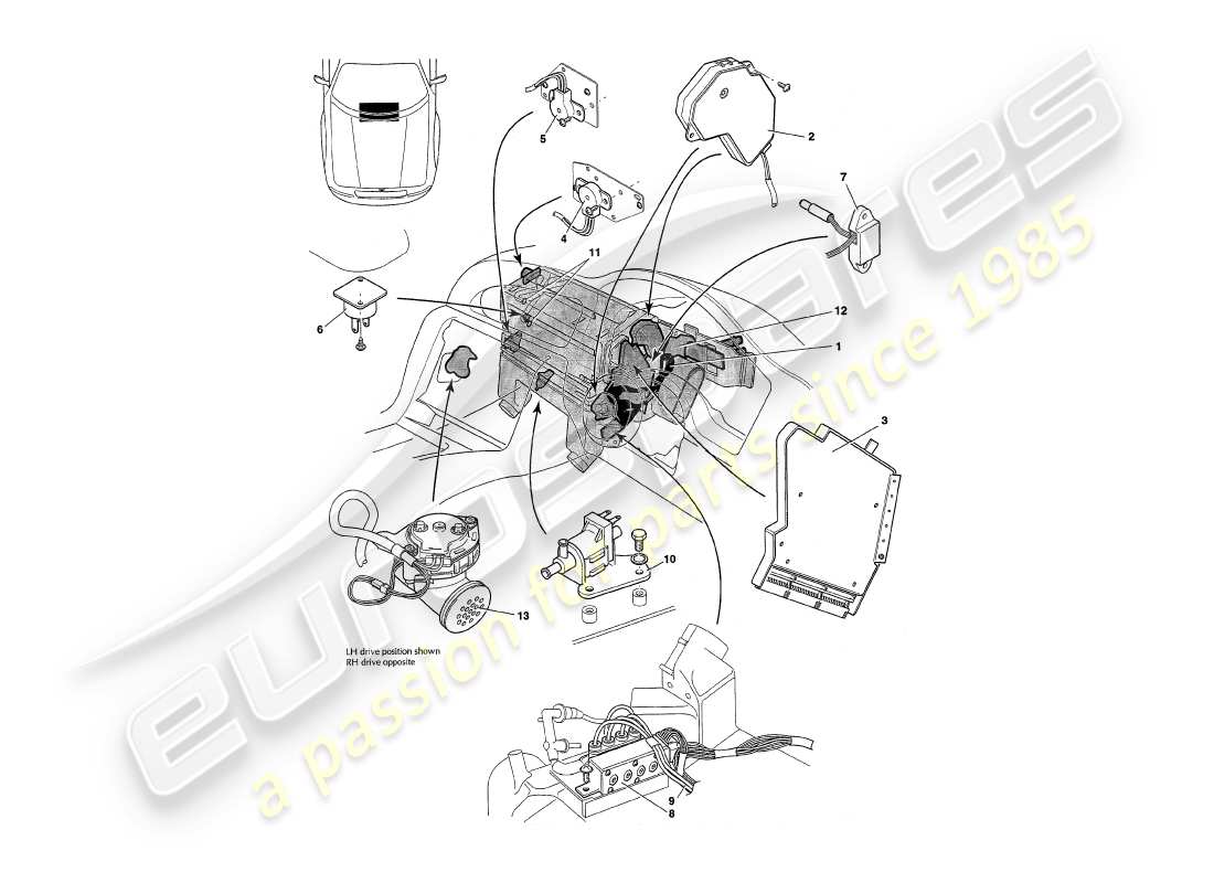 aston martin v8 coupe (2000) sensors, switches, solenoids, motors etc part diagram