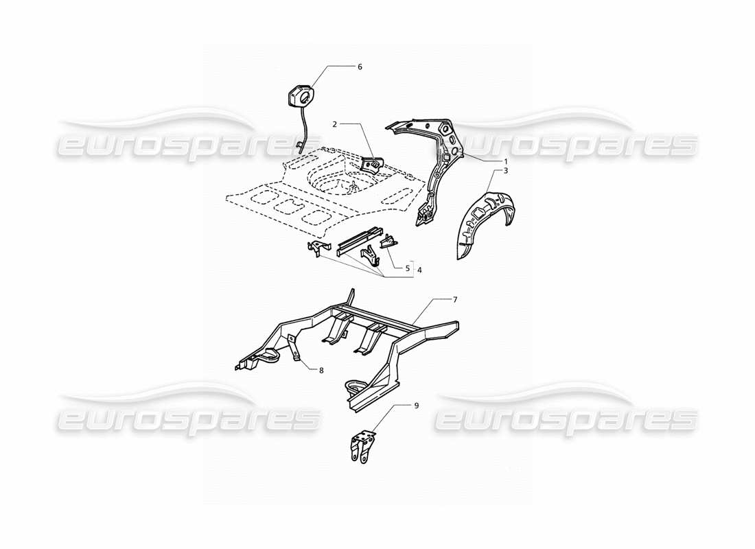maserati qtp. 3.2 v8 (1999) body shell: rear outer structure part diagram