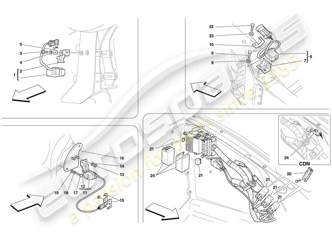 ferrari f430 scuderia spider 16m (europe) ecus and sensors in front compartment and engine compartment parts diagram