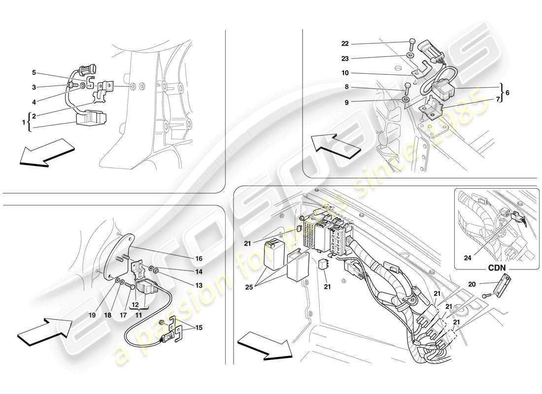 ferrari f430 scuderia spider 16m (europe) ecus and sensors in front compartment and engine compartment part diagram