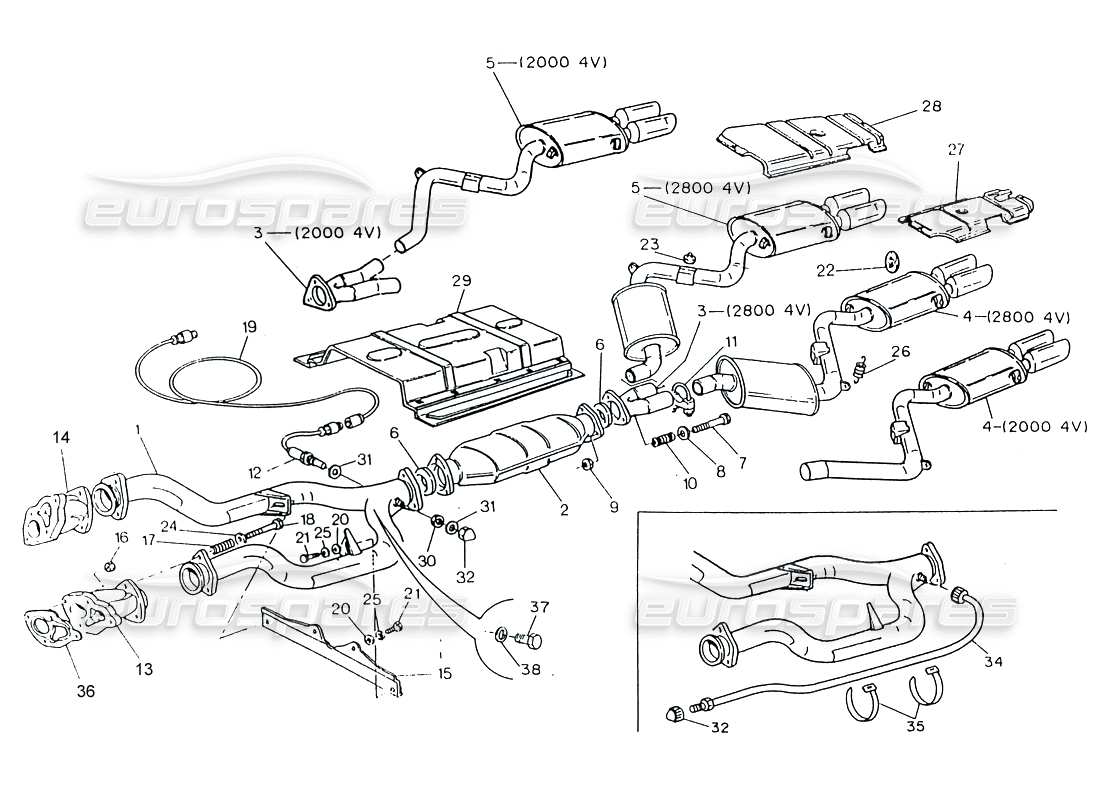maserati 222 / 222e biturbo exhaust system with catalyst (4v) parts diagram