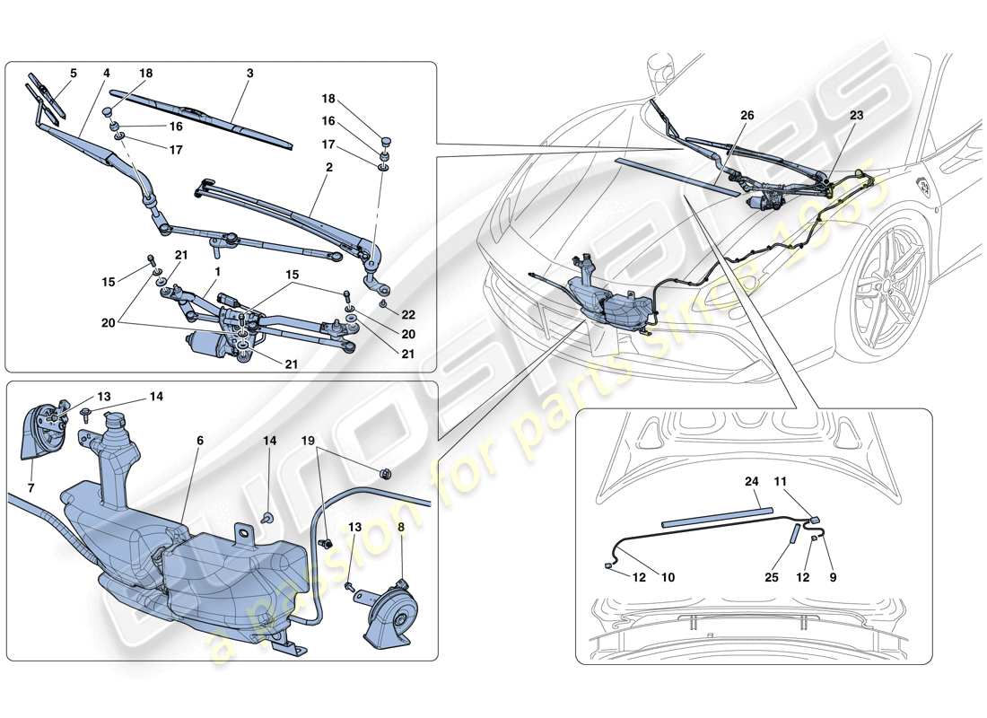 ferrari 488 spider (europe) windscreen wiper, windscreen washer and horns parts diagram