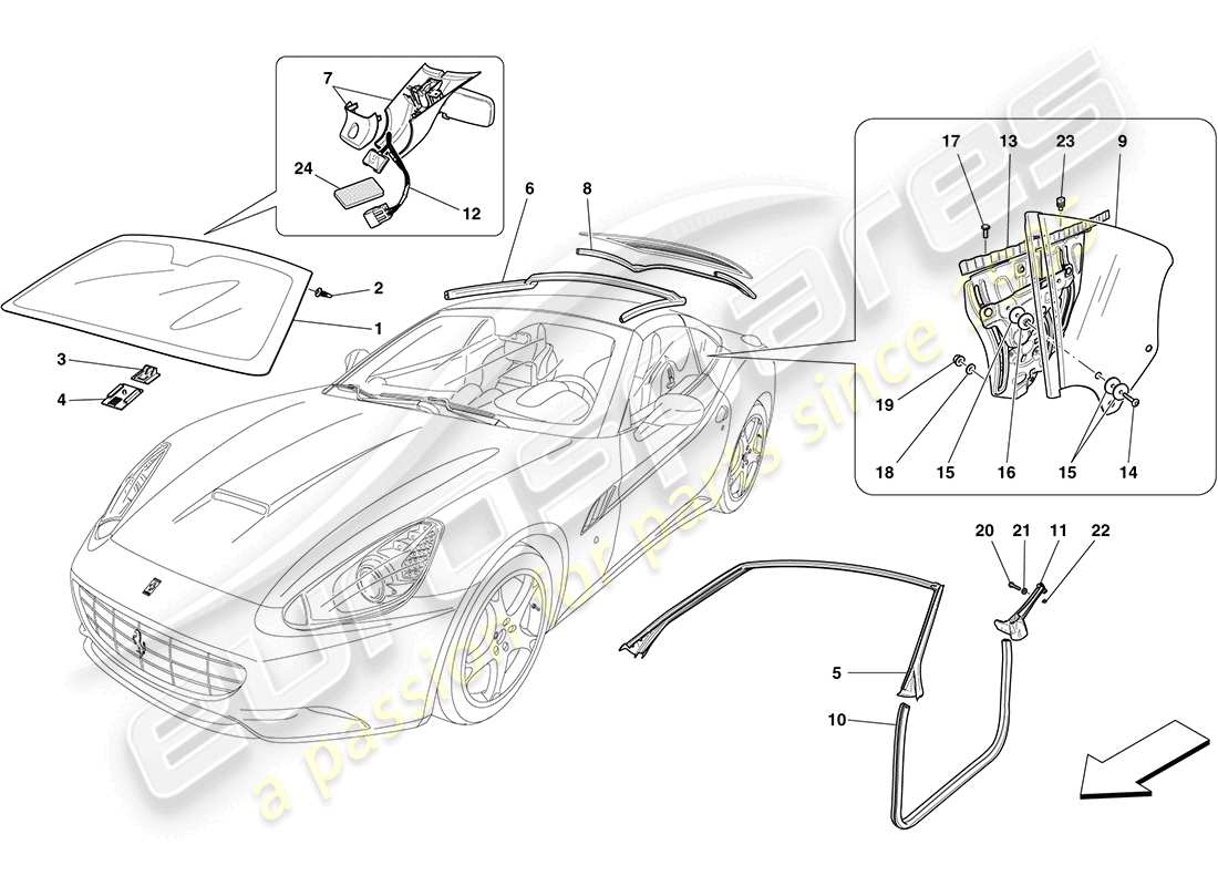 ferrari california (rhd) screens, windows and seals part diagram