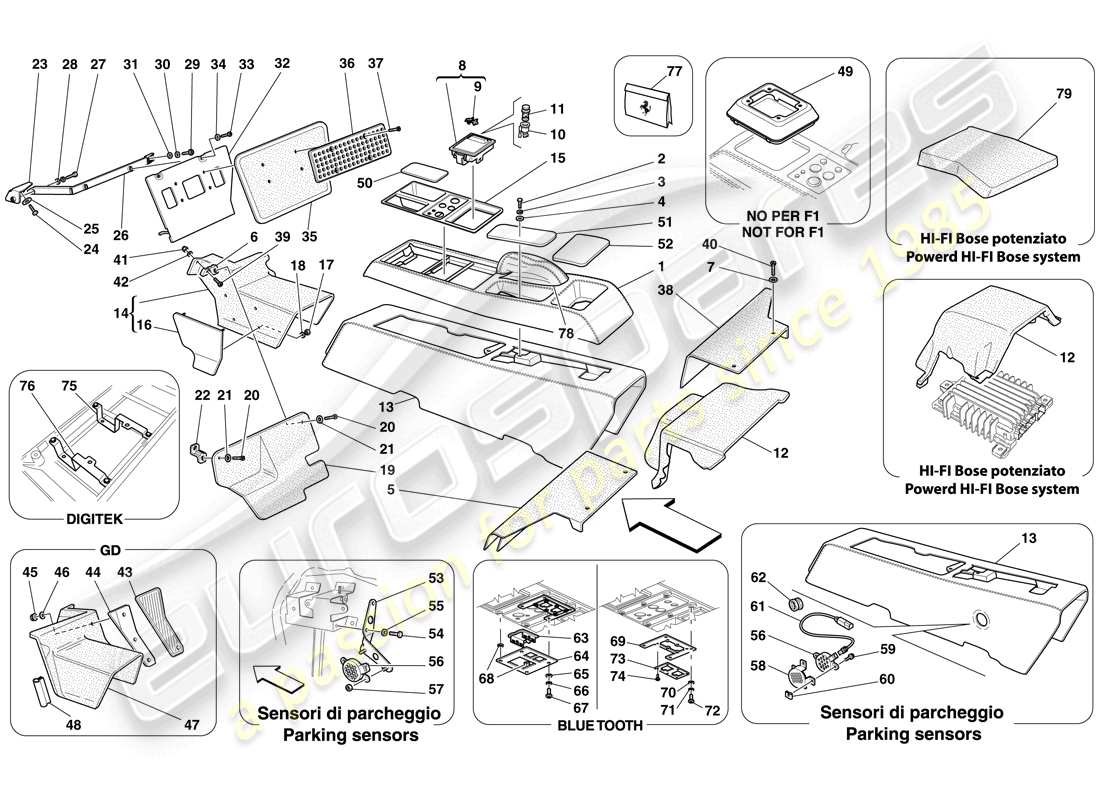 ferrari f430 spider (rhd) tunnel - substructure and accessories parts diagram