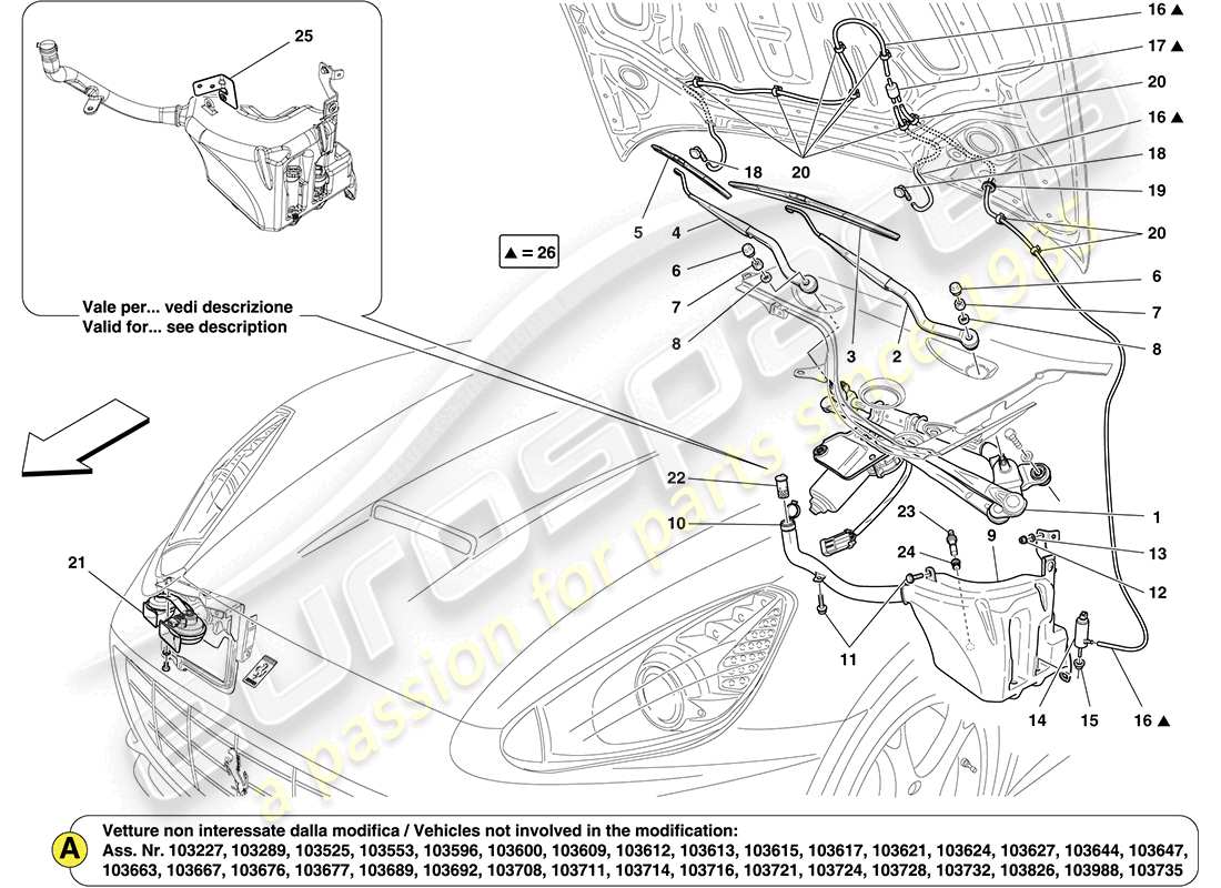 ferrari california (usa) windscreen wiper, windscreen washer and horns parts diagram