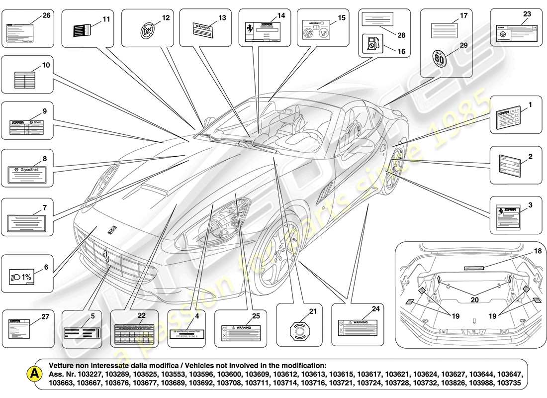 ferrari california (rhd) adhesive labels and plaques part diagram