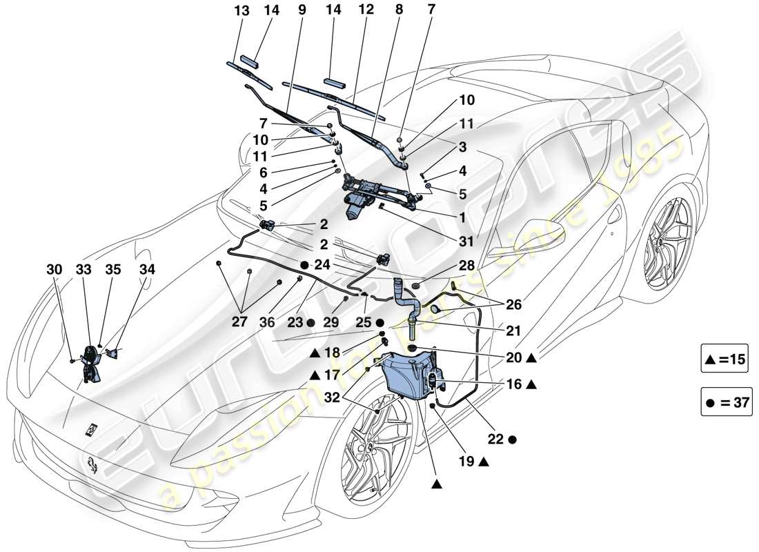 ferrari 812 superfast (rhd) windscreen wiper, windscreen washer and horns part diagram