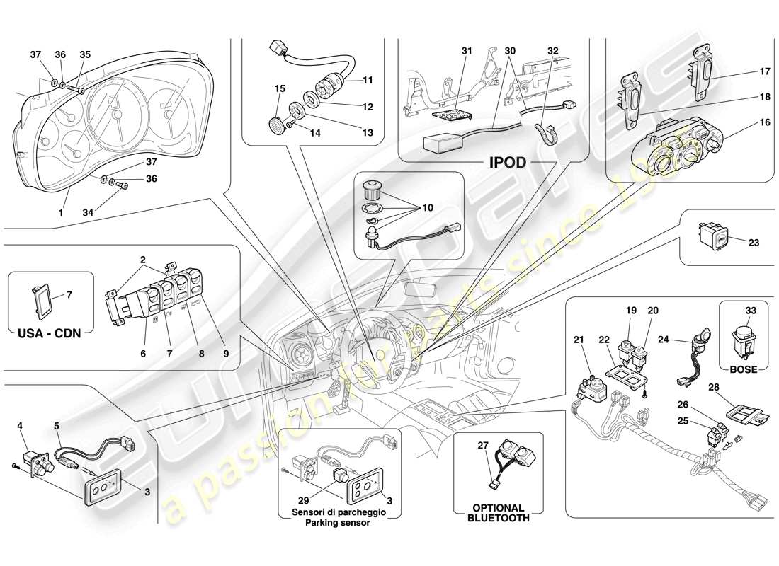 ferrari f430 spider (europe) dashboard and tunnel instruments parts diagram