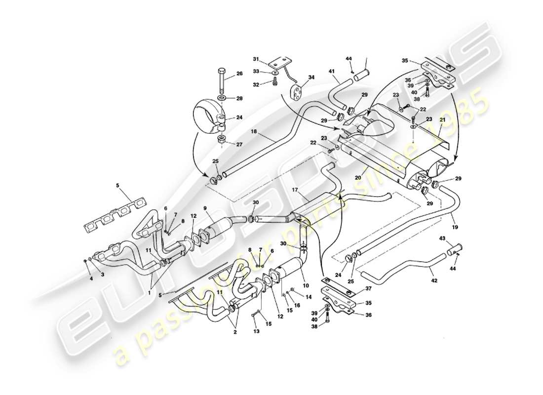 aston martin v8 volante (1998) exhaust system part diagram