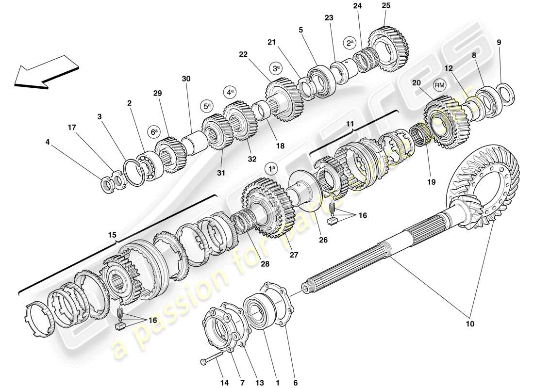 ferrari 612 sessanta (europe) secondary gearbox shaft gears part diagram