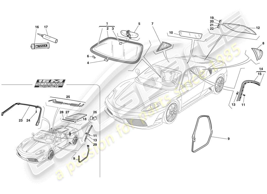 ferrari f430 scuderia (usa) screens, windows and seals part diagram