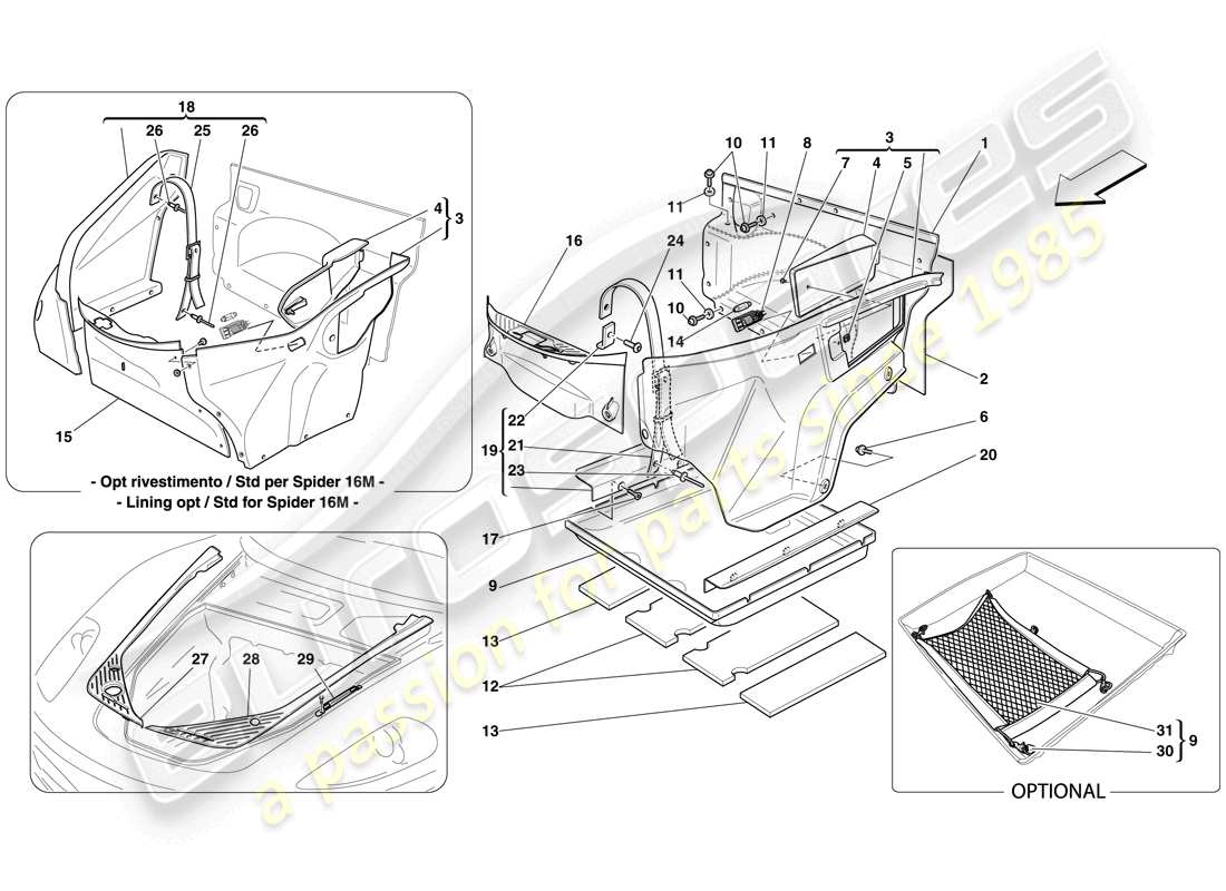 ferrari f430 scuderia spider 16m (rhd) front compartment trim parts diagram