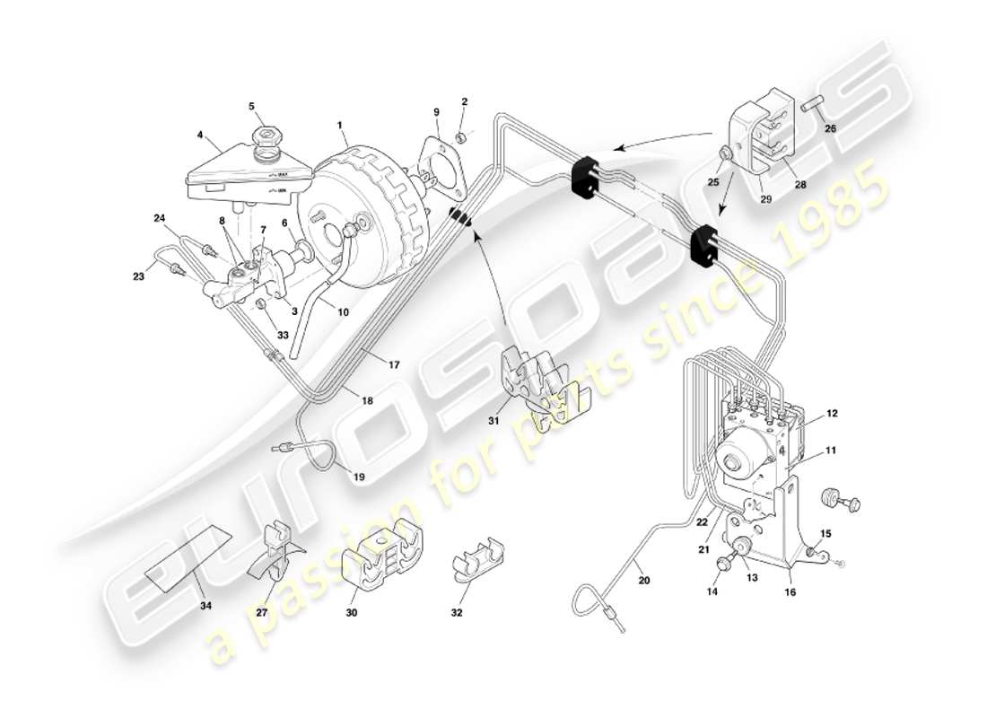 aston martin db7 vantage (2003) brake booster & modulator part diagram