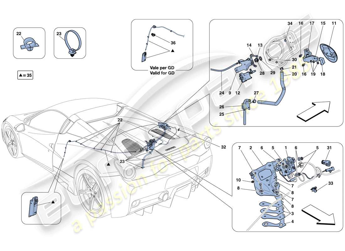 ferrari 458 speciale aperta (europe) engine compartment lid and fuel filler flap opening mechanisms parts diagram