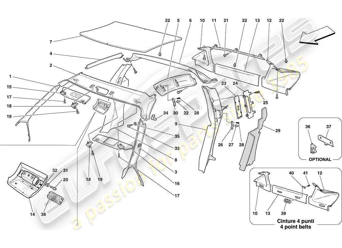 ferrari f430 coupe (rhd) headliner trim and accessories part diagram