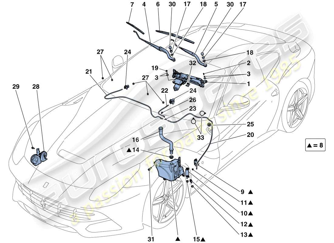 ferrari f12 berlinetta (usa) windscreen wiper, windscreen washer and horns parts diagram