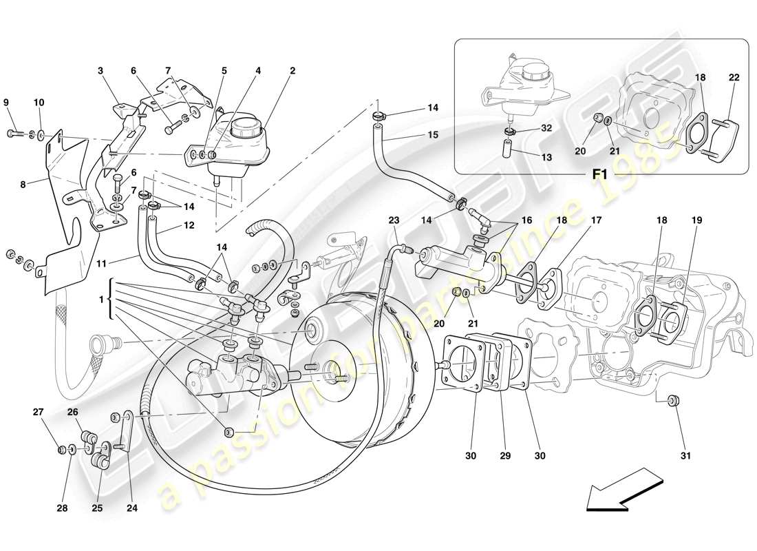 ferrari 612 scaglietti (usa) hydraulic brake and clutch control part diagram