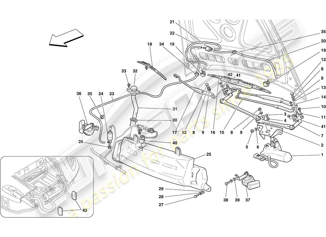 ferrari f430 coupe (usa) windscreen wiper, windscreen washer and horns part diagram