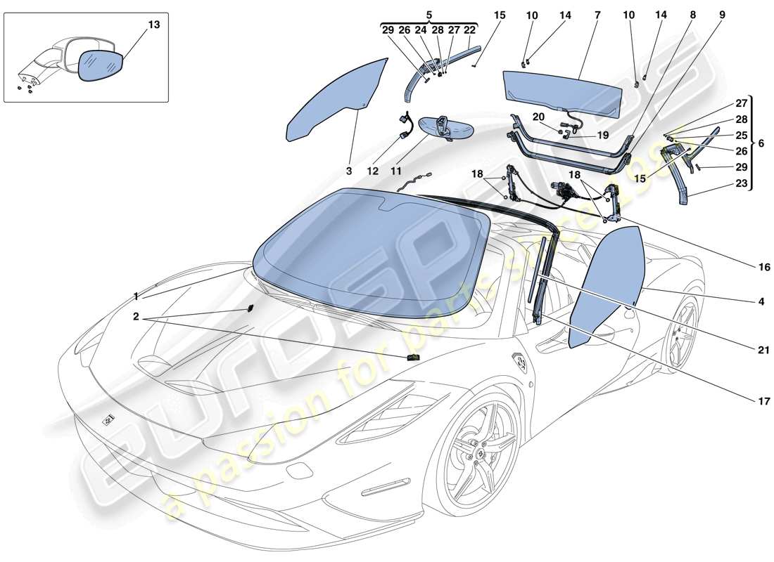 ferrari 458 speciale aperta (europe) screens, windows and seals parts diagram