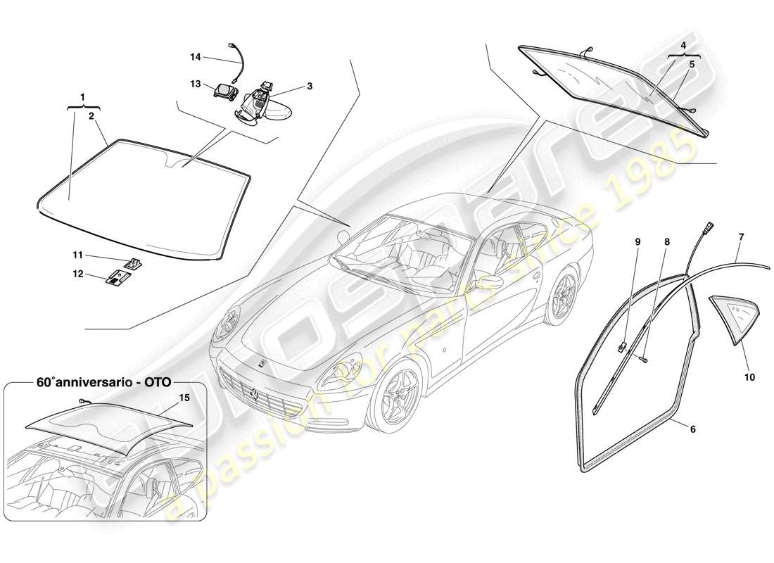 ferrari 612 sessanta (rhd) screens, windows and seals parts diagram