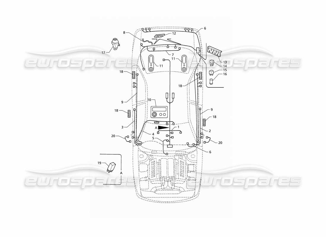 maserati qtp v8 (1998) electrical system: boot-doors-passanger compartment (rhd) parts diagram