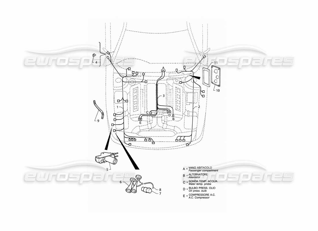 maserati qtp v8 (1998) electrical system: engine compartment (rhd) parts diagram