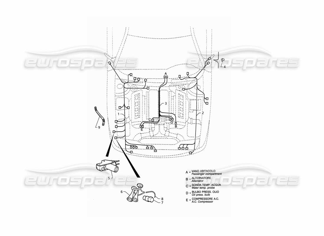 maserati qtp v8 (1998) electrical system: engine compartment (lhd) parts diagram