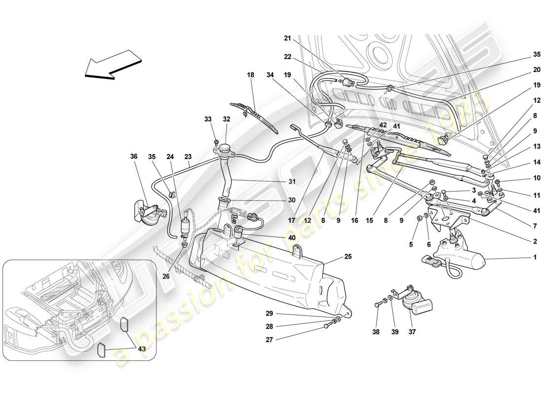 ferrari f430 scuderia spider 16m (europe) windscreen wiper, windscreen washer and horns parts diagram