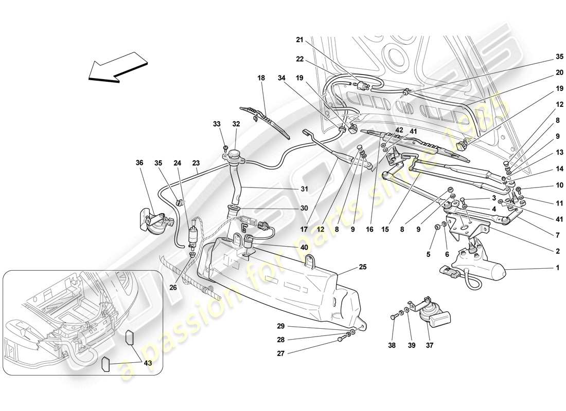 ferrari f430 scuderia spider 16m (europe) windscreen wiper, windscreen washer and horns part diagram