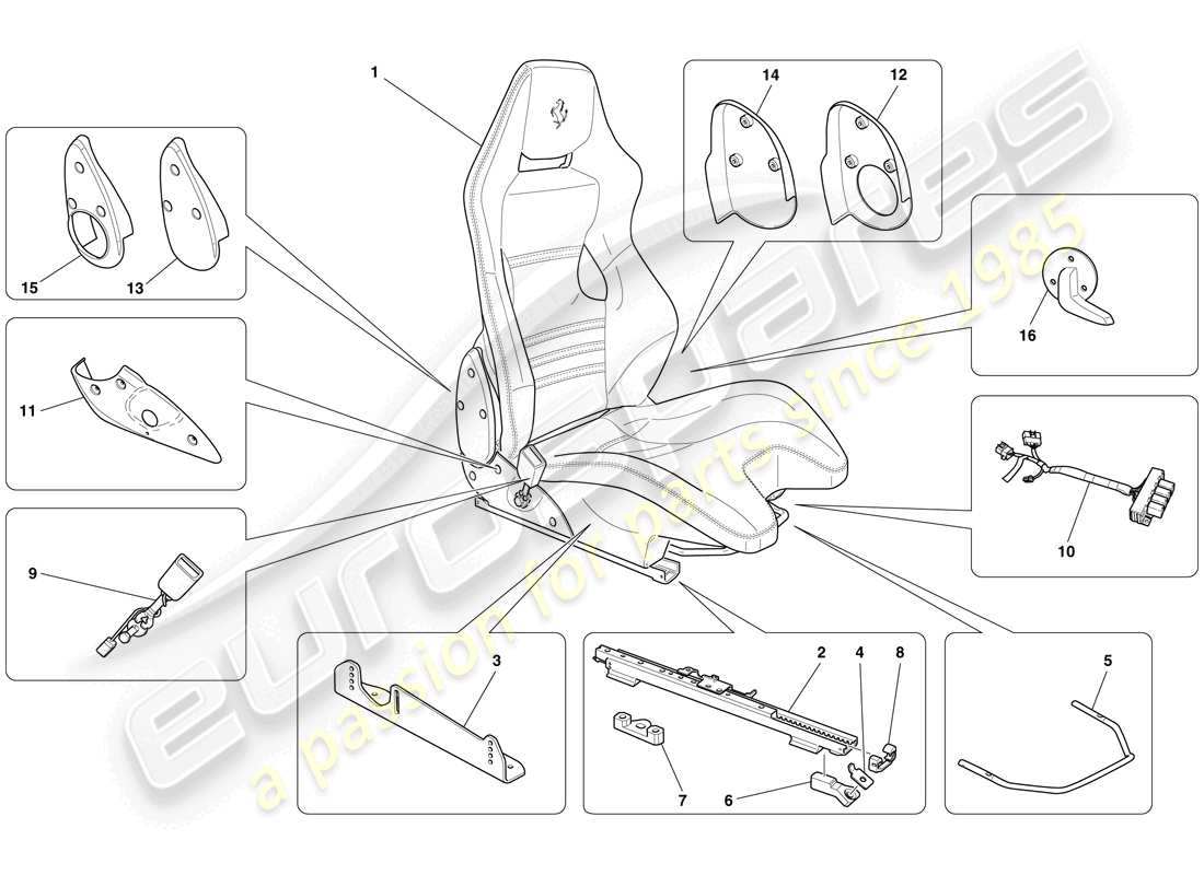 ferrari 599 gto (rhd) front racing seat - rails and mechanism parts diagram