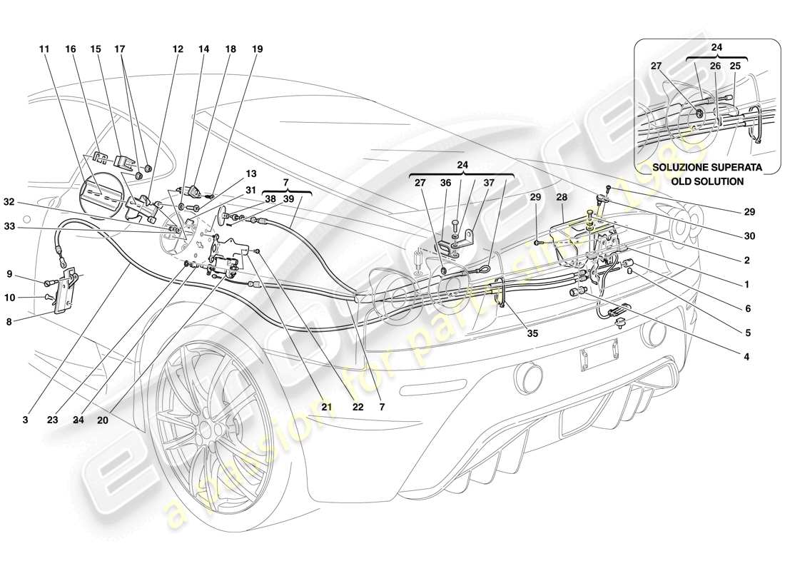 ferrari f430 scuderia (usa) engine compartment lid and fuel filler flap opening mechanisms part diagram