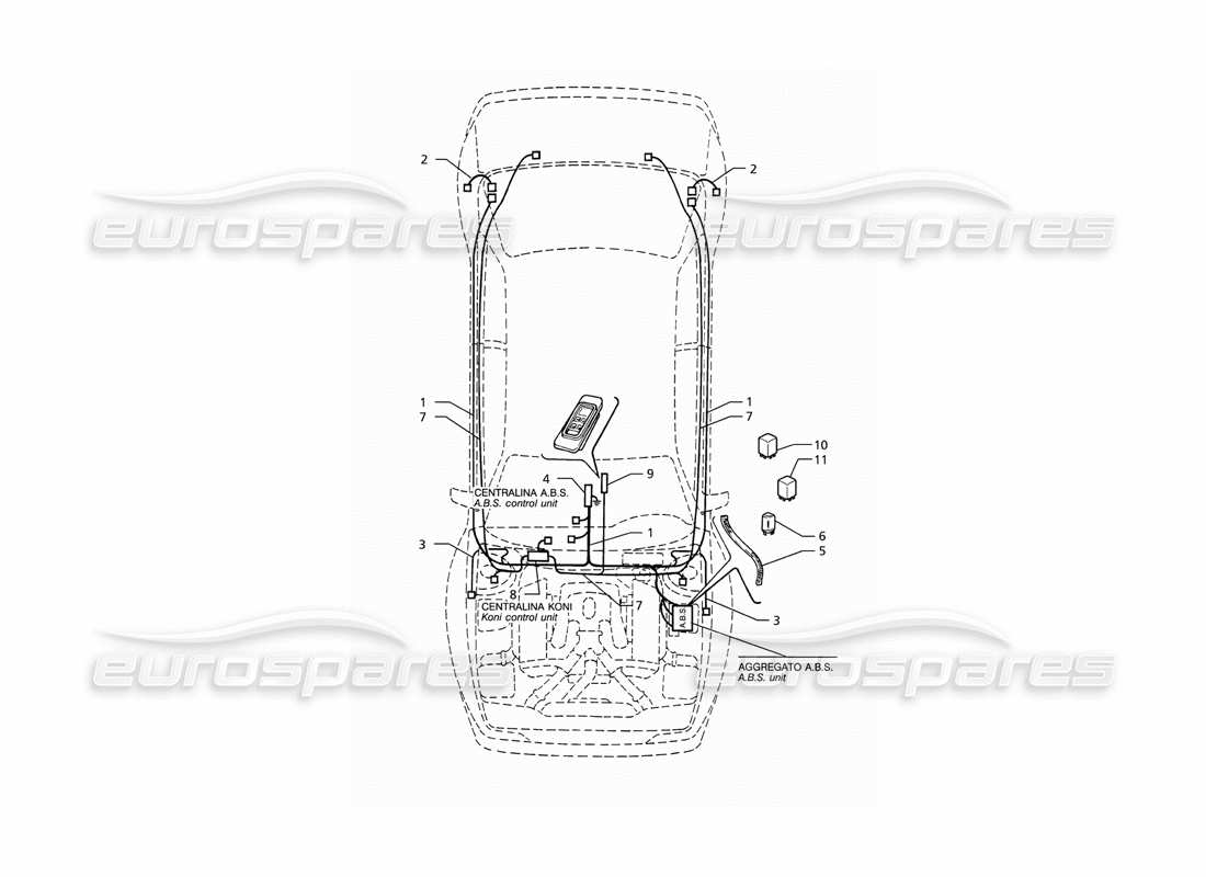 maserati ghibli 2.8 (abs) electrical system: a.b.s. and 'koni' suspension (lh drive) parts diagram