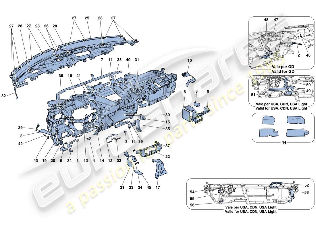 ferrari 488 spider (rhd) dashboard - substructure parts diagram